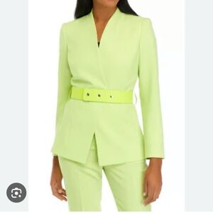 Tahari ASL Collarless Career Belted Suit Blazer Lime Green Jacket Top 4